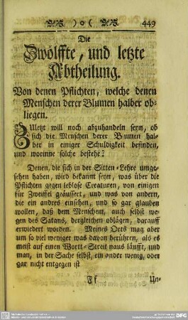 Die Zwölffte, und letzte Abtheilung. Von denen Pflichten, welche denen Menschen derer Blumen halber obliegen