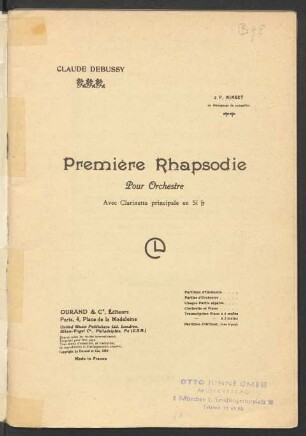 Première Rhapsodie : pour orchestre : avec clarinette principale en Si♭