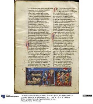 Hüon d'Auvergne, Roman in Versen, geschrieben v. Nicolas Trombeor. Äneas mit den beiden Rittern in der Hölle zwischen den Verdammten