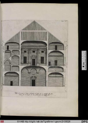 Taglio da ponente à leuante mostrando la loggia oue è. contigua alla sala leuata sola la muraglia del lato settentrionale del Palazzo .D.