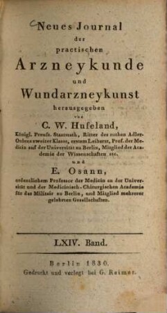 Journal der practischen Heilkunde. 71 = Bd. 64. 1830