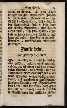 59-80, Fünfte Lehr. Von zeitlichen Gütern; Sechste Lehr. Von Bewahrung vor zeitlich, und leiblichen Uebeln