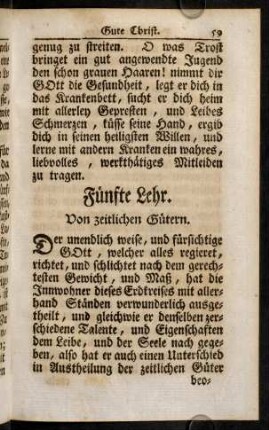 59-80, Fünfte Lehr. Von zeitlichen Gütern; Sechste Lehr. Von Bewahrung vor zeitlich, und leiblichen Uebeln