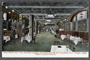 Zwei Reiter (Inh. Paul Weisse) Leipzig, Nicolaistrasse 36, am Hauptbahnhof. Teleph. 19285. : Täglich Künstler-Konzerte.