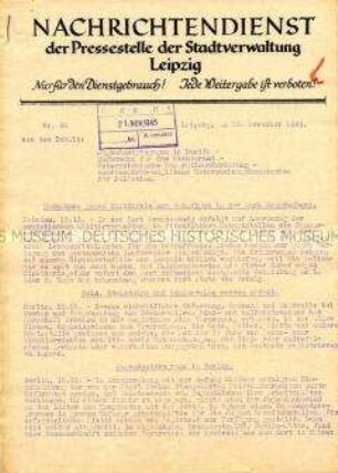 Interner Nachrichtendienst der Stadtverwaltung Leipzig mit Kurznachrichten aus Deutschland und dem Ausland ("nur für den Dienstbgebrauch")