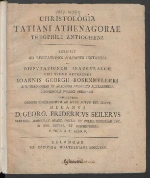 Christologia Tatiani Athenagorae Theophili Antiocheni