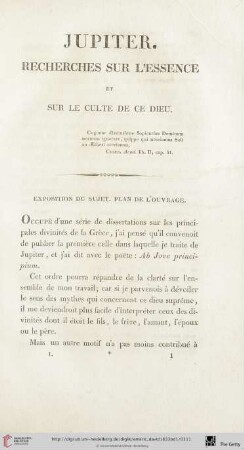 Jupiter. Recherches sur l'essence et sur le culte de ce dieu