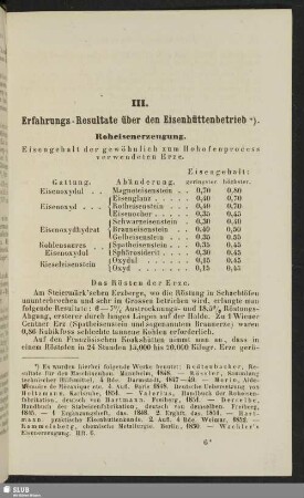 III. Erfahrungs-Resultate über den Eisenhüttenbetrieb
