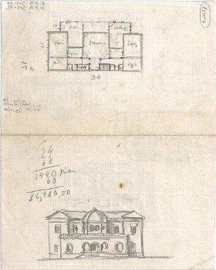 Hildebrand, Adolf von; Italien ; Landhäuser - Landhaus mit Satteldach u. Kuppel (Grundriss, Ansicht)