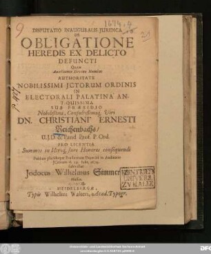 Disputatio Inauguralis Iuridica De Obligatione Heredis Ex Delicto Defuncti