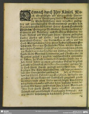 Demnach durch Ihro Käyserl. Majest. allergnädigste und allergerechteste Vorsorge ...