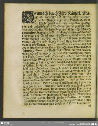 Demnach durch Ihro Käyserl. Majest. allergnädigste und allergerechteste Vorsorge ...