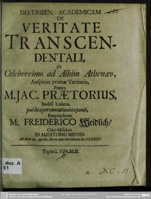 Diatriben Academicam De Veritate Transcendentali