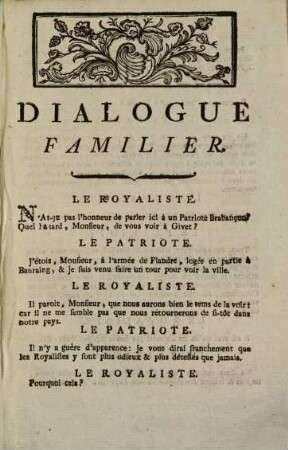 Dialogue familier entre un royaliste belgique fugitif et un patriote brabanson ambulant