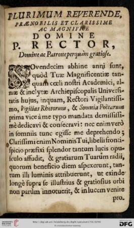 Plurimum reverende, praenobilis et clarissime ac magnifice domine P. Rector, [...]