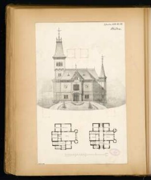 Jagdhaus Monatskonkurrenz Januar 1880: Grundriss Erdgeschoss, Obergeschoss, Aufriss Vorderansicht; 2 Maßstabsleisten