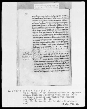 Ephraim Syrus, Sermones und Faustus Cassinensis, Vita Sancti Mauri etcetera — Initiale B (eatissimus), Folio 77verso