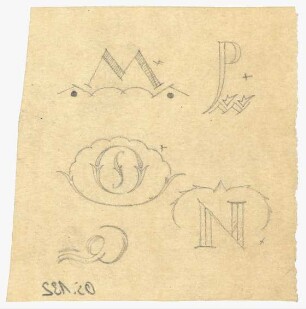 Kalligrafiestudien : Skizzen der Initialen M, P, S, N