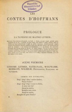 Les contes d'Hoffmann : Opéra en quatre actes. Paroles de J. Barbier. Musque de J. Offenbach. D'après le drame de J. Barbier et Michel Carré
