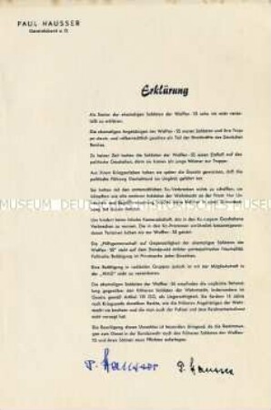 Handsignierte Erklärung des ehemaligen Generals der Waffen-SS Paul Hausser zur Rehabilitierung seiner Soldaten