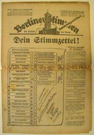 Wochenzeitung "Berliner Stimmen" mit Wahlpropaganda für die Deutsche Volkspartei zur Reichstagswahl 1930