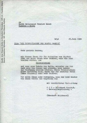 Brief von CCC an Fremdenverkehrsamt Malta, 27.07.1964