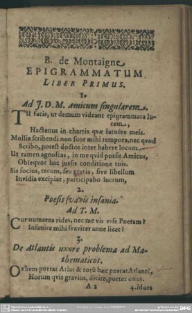 B. de Montaigne Epigrammatum Liber Primus