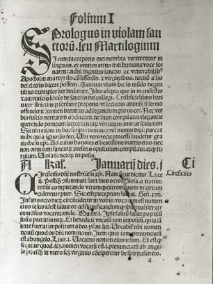 Martyrologium sive Viola sanctorum. Straßburg, 1499. Buchdruck. Titelblatt mit Initiale "S". Dresden: SLUB 1 X 676