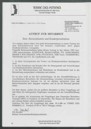 Aufruf zur Mitarbeit : Betr. Reiseindustrie und Kinderprostitution