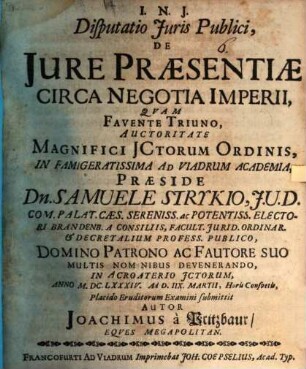 Disputatio Juris Publici, De Jure Præsentiæ Circa Negotia Imperii