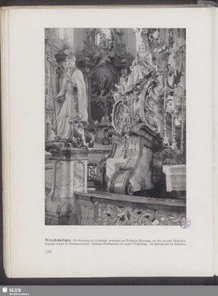 Vierzehnheiligen. der Gnadenaltar, Teilansicht, entworfen von Balthasar Neumann, mit den vierzehn Nothelfern, ringsum laufend die Kommunionbank