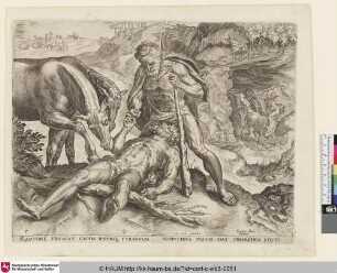 [Herakles wirft Diomedes seinen eigenen Stuten zum Fraß vor und Herakles erschlägt Cacus; Hercules feeds Diomedes to his own mares and Hercules slays Cacus; Hercule tuant Cacus]