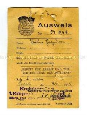 Ausweis zum Sportleistungsabzeichen "Bereit zur Arbeit und zur Verteidigung des Friedens", Stufe I
