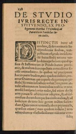 De Studio Iuris Recte Instituendo, Ex Prolegomenis Matthaei Wesenbecii ad Paratitla in Pandectas Iuris civilis.