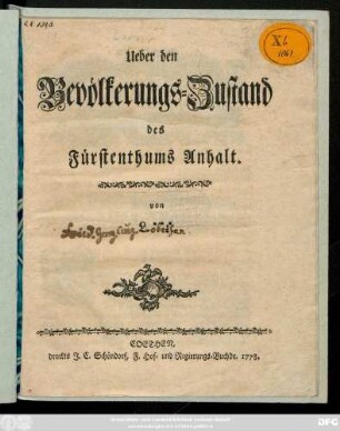 Ueber den Bevölkerungs-Zustand des Fürstenthums Anhalt