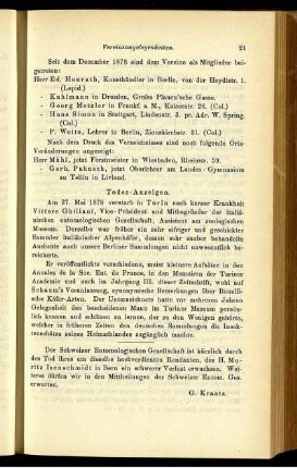 Vereinsangelegenheiten, Todes-Anzeigen