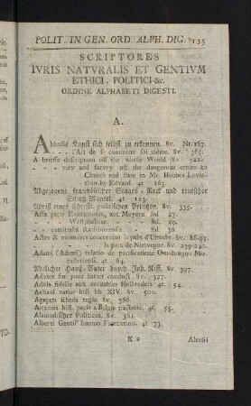 135-168, Scriptores iuris naturalis et gentium, ethici, politici, &c. Ordine Alphabeti Digesti