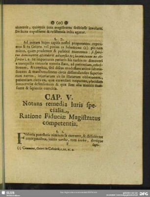Cap. V. Notans remedia Iuris specialia, Ratione Fiduciae Magistratus competentia