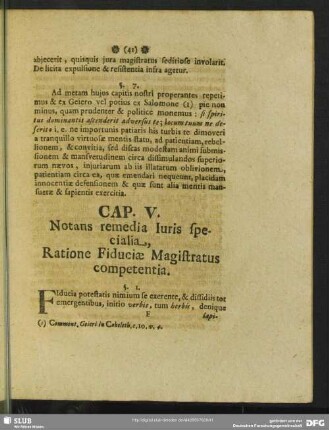 Cap. V. Notans remedia Iuris specialia, Ratione Fiduciae Magistratus competentia