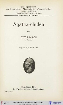 1919, 7. Abhandlung: Sitzungsberichte der Heidelberger Akademie der Wissenschaften, Philosophisch-Historische Klasse: Agatharchidea