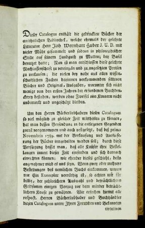 Dieser Catalogus enthält die gedruckten Bücher der ansehnlichen Bibliothek,[...]