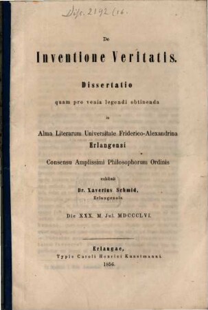 De inventione veritatis : dissertatio quam pro venia legendi obtinenda