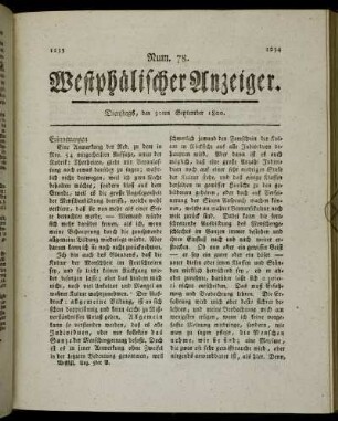 Num. 78. Westphälischer Anzeiger. Dienstags, den 30ten September 1800. - Num. 82. Westphälischer Anzeiger. Dienstags, den 14ten Oktober 1800.