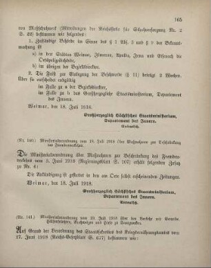 Nr. 140: Ministerialverordnung vom 18. Juli 1918 über Maßnahmen zur Beschränkung des Fremdenverkehrs