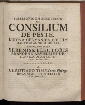 Superpondium Alexicacon Seu Consilium De Peste.