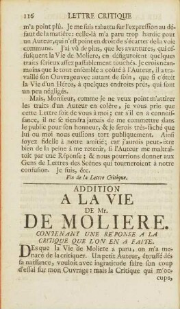 Addition A La Vie De Mr. De Moliere.