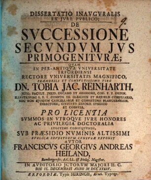 Dissertatio inauguralis ex iure publico de successione secundum ius primogeniturae