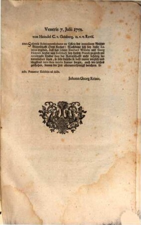 Abregé Oder Concentrirter Auszug und Begriff Der von Serenissimo Wurtembergico Ad Comitia Imperii gebracht, Und mit zweyen Tomis authentischer Archival-Urkunden erläutert und bestärketen Vorlegung der anwachsenden Reichs-Ritterschaftlichen Irrungen in Teutschland, und dahero entstehender Nothdurft eines aufzurichtenden Normativi Imperii
