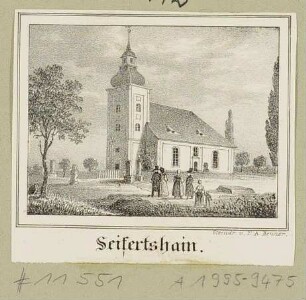 Die 1785-87 gebaute Kirche in Seifertshain (Großpösna-Seifertshain) östlich von Leipzig, aus Sachsens Kirchen-Galerie von Hermann Schmidt, Bd. 9, 1844