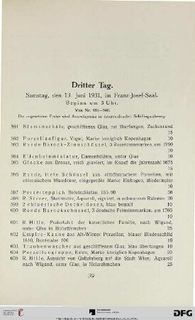 Dritter Tag. Samstag, den 13. Juni 1931, im Franz-Josef-Saal. Beginn um 3 Uhr (Nr. 591-940)